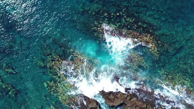 Coastline volcanic island natural pool Tenerife, Costa Adeje Spain, Aerial drone