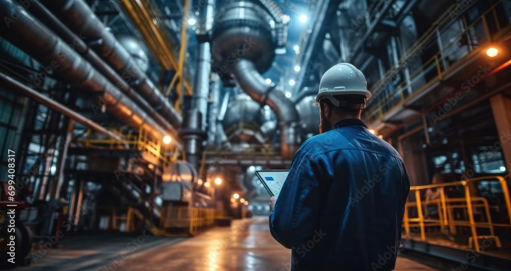 Poster a technician in a hard hat inspecting a large industrial machine with a tablet. generative ai.