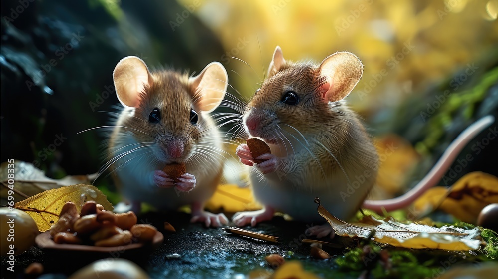 Wall mural White small mice having a summer feast in the summer forest. Generative AI. - Wall murals