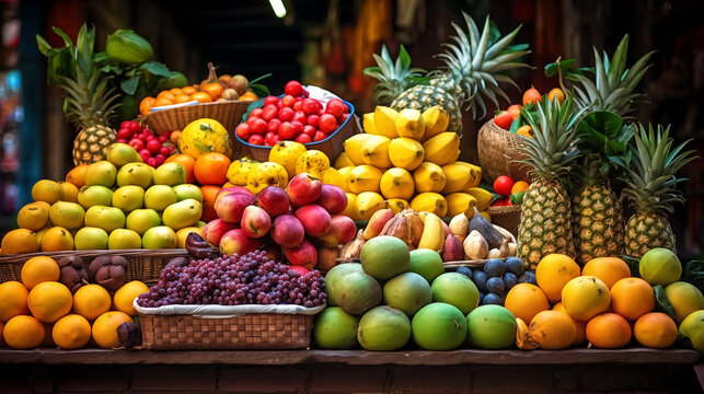 A photo of colorful fruit market featuring vibrant colors, rich