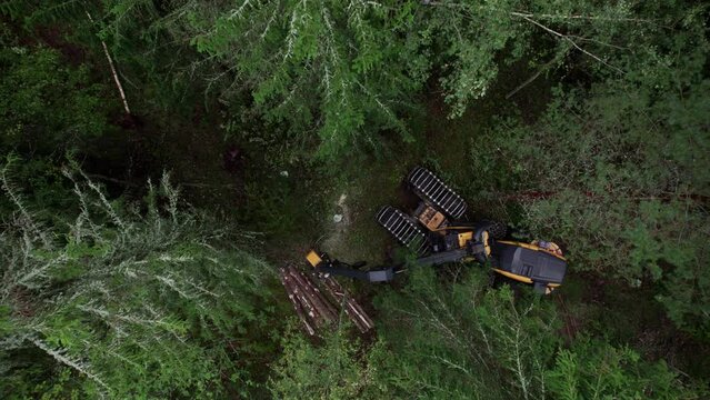 Aerial shot from above of Scandinavian finnish forest and forestry machine Ponsse Scorpion harvester, shot with DJI Air 2s