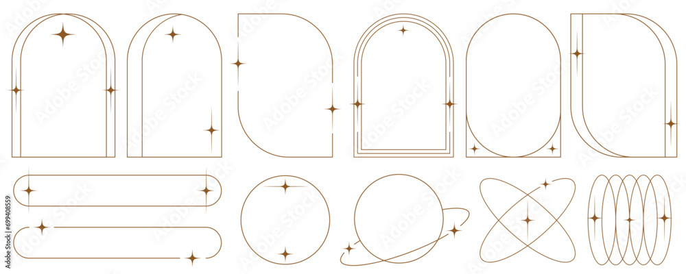 Poster aesthetic frames and shapes with stars. minimal y2k outline graphic design with sparkles. abstract m