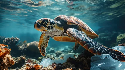  A sea turtle is surrounded by plastic bags under the sea. Generative AI. © visoot