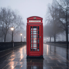 A classic red London phone booth against a gray sky.