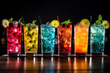 Beautiful row line of different colored cocktails - obrazy, fototapety, plakaty