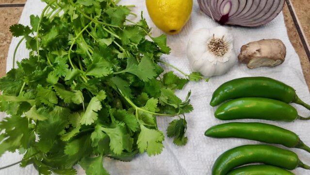 Ingredients for a vegan Indian dish prepped for use - Chana Masala series