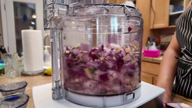 Chopping and grinding red onions and peppers in a food processor - Chana Masala series