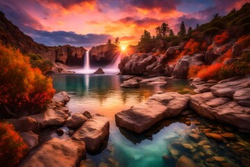 A secluded cove with rocky cliffs and a gentle waterfall, the water reflecting the vivid colors of a breathtaking sunset sky