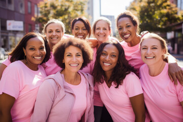 Group portrait of breast cancer awareness advocates wearing pink clothes - Powered by Adobe