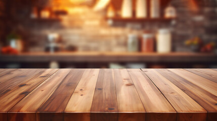 Wooden table top on blurred kitchen background. Free space for your design and product display - obrazy, fototapety, plakaty