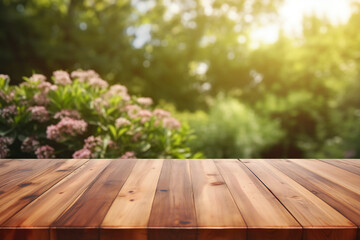 Wooden table on blurred garden background. Can be used for display your product