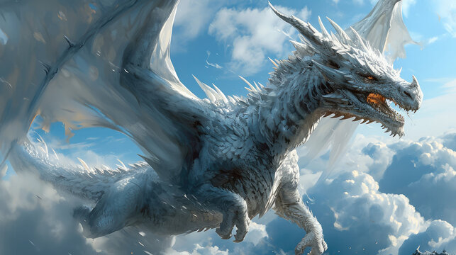 Majestic white dragon flying through the sky. Generative AI.