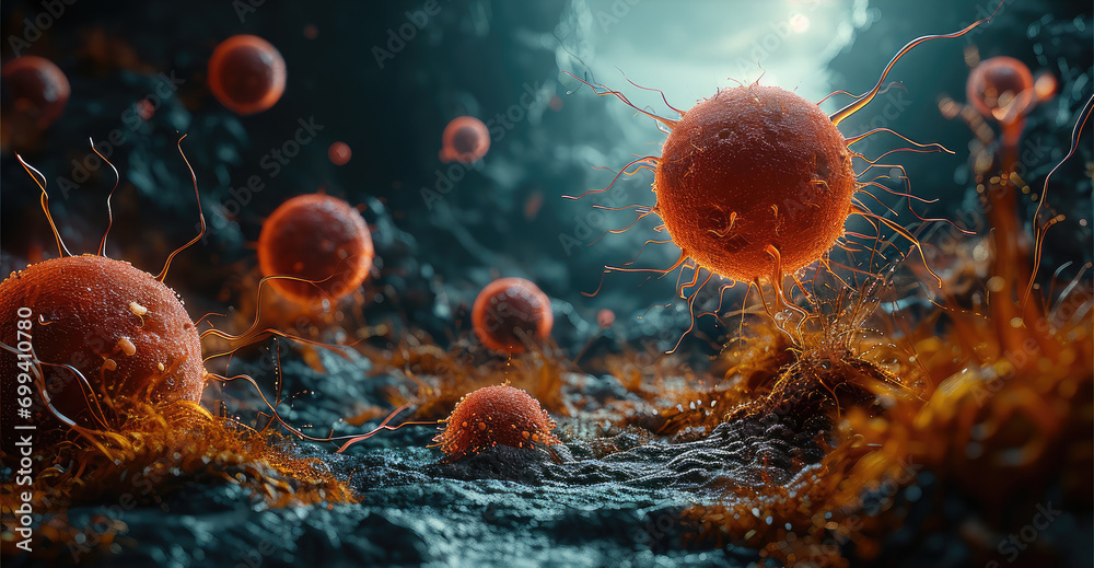 Poster realistic picture of brain tumor microenvironment with cancer cells. generative ai.