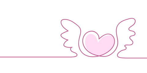 One continuous drawing of heart with wings. Сute romantic symbols in simple linear style. Continuous line of hearts perfect for valentine's day, mother's day, for a card or wedding invitation