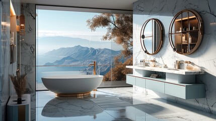 Modern bathroom furniture with bathroom sink and mirrors. Generative AI.