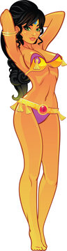 Sexy woman in a stage costume dancing belly dance. Scheherazade, oriental beauty. Vector illustration.