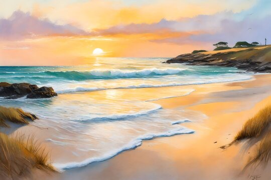 A secluded beach with golden sands and gentle waves, the sky painted in soft pastels as the sun dips below the horizon