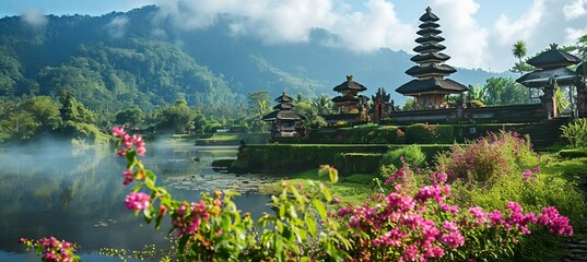 Balinese Hindu temple near the lake. Generative AI technology.	
