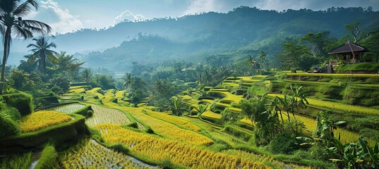 Rice field agriculture landscape background. Generative AI technology.	
