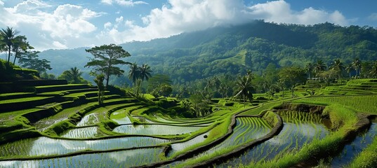 Rice field landscape background. Generative AI technology.	
