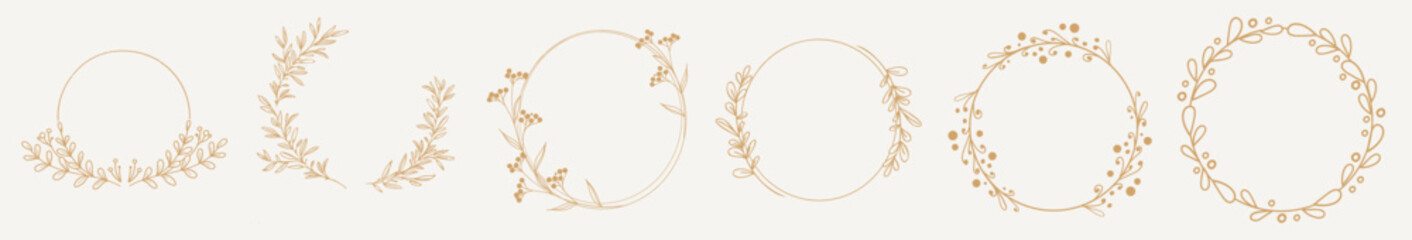 Vector set of golden hand drawn ink floral wreaths. A set of decorative circular floral frames.