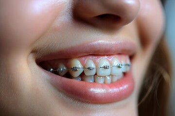 Closeup of women smile with braces. Generative AI. - obrazy, fototapety, plakaty