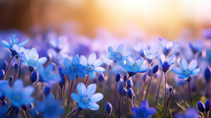 Peaceful scene of blue hepatica flowers flourishing in the golden light of a setting sun, symbolizing tranquility. - obrazy, fototapety, plakaty