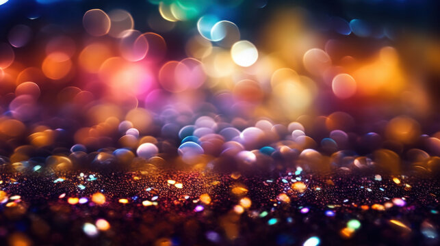 An abstract background with a burst of bokeh lights and colorful glitter creating a festive or celebratory mood.