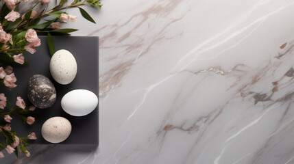 Obraz na płótnie Canvas A stylish selection of Easter eggs on a chic marble background with delicate flowers.