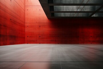 Empty abstract industrial interior with concrete floor and red room. Generative AI