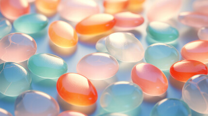 Close-up of vibrant hydrogel balls with a smooth, translucent texture, reflecting light and creating a visually soothing effect.