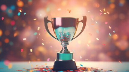 Dynamic and celebratory, this image features a trophy against a colorful confetti backdrop, symbolizing triumph.