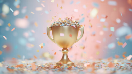 A shiny golden trophy cup brimming with confetti captures the essence of celebration, victory, and success.
