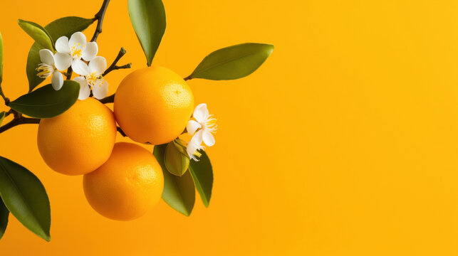 Vivid orange citrus fruits and delicate white flowers positioned on a sunny yellow background, symbolizing vitality and freshness.