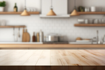 Empty wooden table countertop for product display with blurred kitchen background