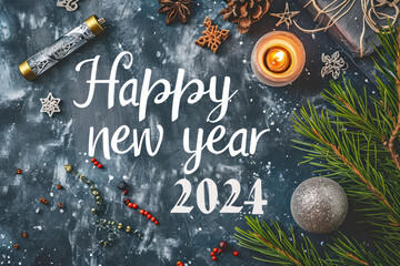 Happy new year 2024 in hand writing on card.