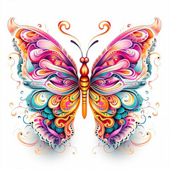 Elegant Butterfly Illustration: Whimsical Fantasy Art in Vibrant Colors Pink Yellow Purple Blue