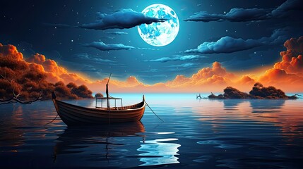 Obraz premium boat in the water under the moon in the night