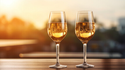 Two glasses of white wine gleam with the golden hues of sunset, perfect for a romantic evening outdoors.