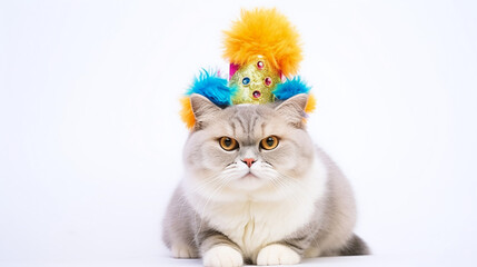 Gray cat donning a sparkly clown hat with rainbow feathers, looking unimpressed, ideal for humorous birthday invitations and quirky pet apparel designs. AI Generative