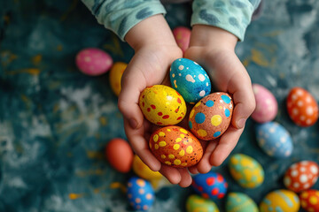 Child toddler kid holding colored Easter eggs in closeup hands. Religious holidays celebrating...