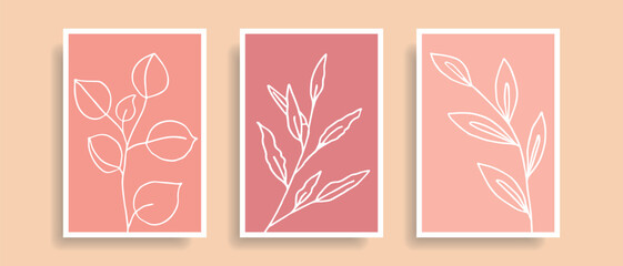 A set of posters with twigs in a minimalist style. Branches of leaves on a peach background.