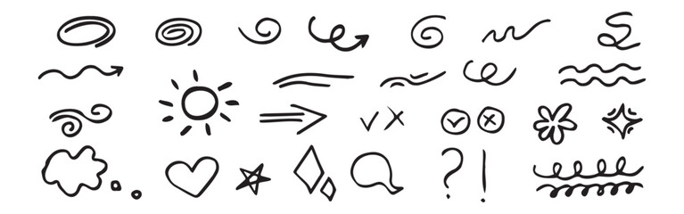 Abstract arrows, ribbons and other elements in handmade style. Doodle illustration.