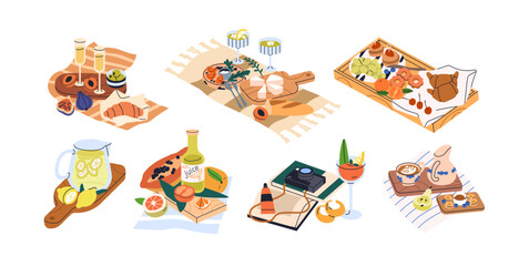 Fototapeta premium Picnic food set. Summer snacks and drinks. Fruits on tray, cheese on board, lemonade, juice, alcohol cocktail, croissant for eating outdoors. Flat vector illustrations isolated on white background