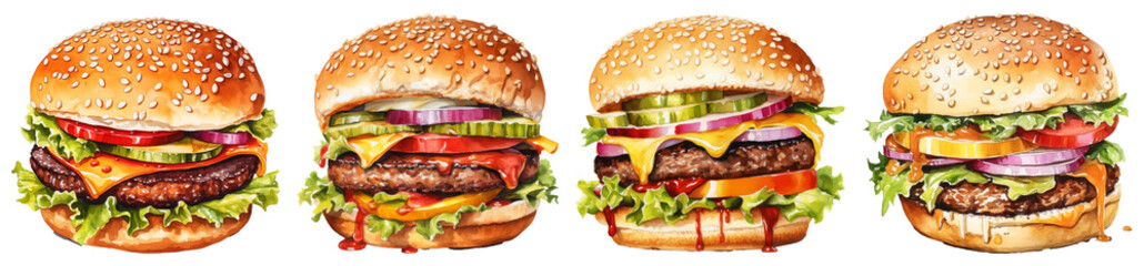 Watercolor set of burgers png collection 