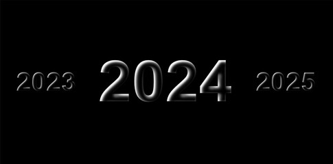 A timeline view of new year 2024 and earlier and future years isolated on a black background 