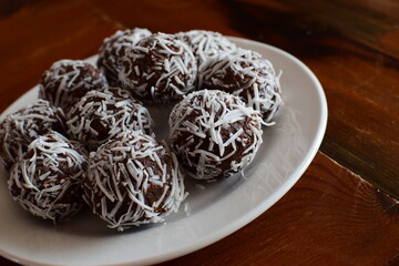 Delicious chocolate truffles covered in coconut