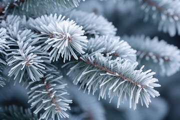 Close up of a frozen pine tree branch. Christmas wallpaper. New year background