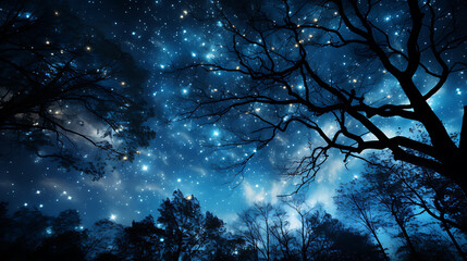 the stars shining through the branches of the trees in the night sky