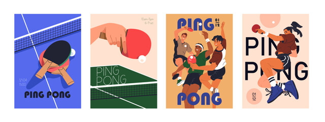 Ping-pong poster designs set. Table tennis tournament, championship, promotion flyer. Pingpong competition, indoor sport game, placards, cards backgrounds, vertical banners. Flat vector illustrations